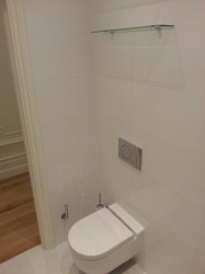 Shower room wall hung WC with glass shelves above